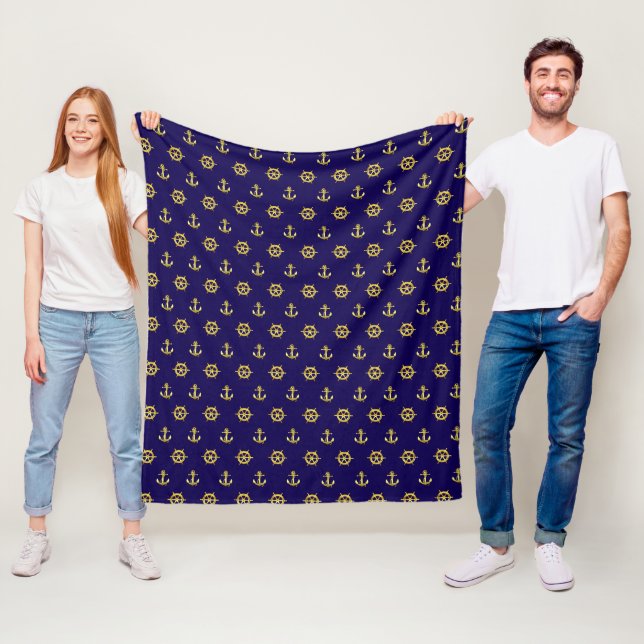 Nautical gold anchor and boat wheel, navy blue fleece blanket (In Situ)