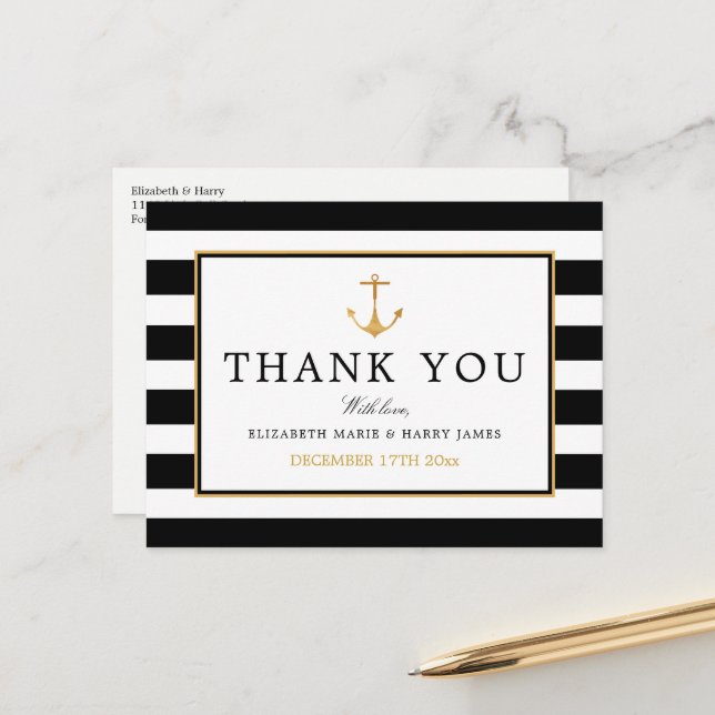 Nautical Gold Anchor, Black & Gold Thank You Postcard (Front/Back In Situ)