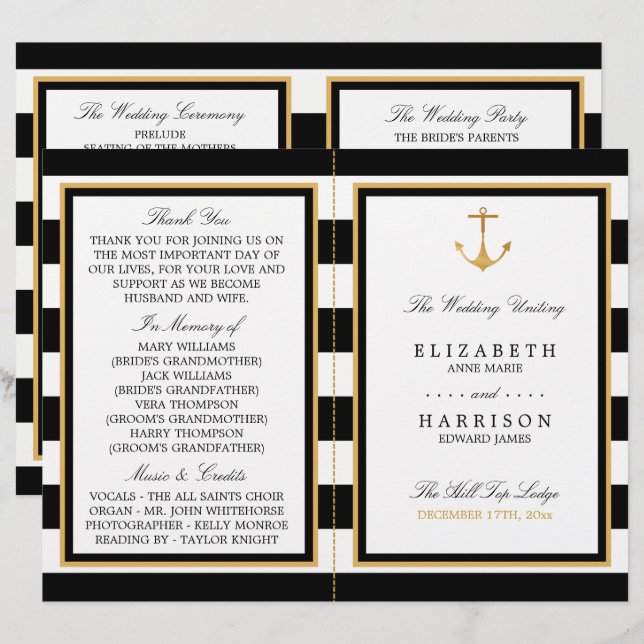 Nautical Gold Anchor, Black/Gold Wedding Programme (Front/Back)