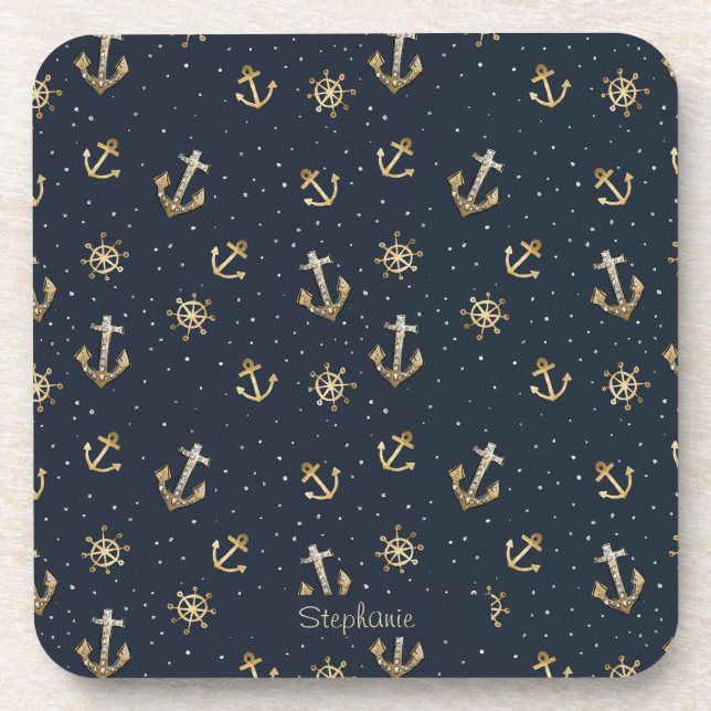 Nautical Gold Anchor & Helm Pattern on Blue Coaster (Front)