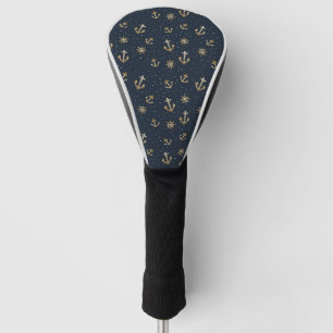 Nautical Gold Anchor & Helm Pattern on Blue Golf Head Cover