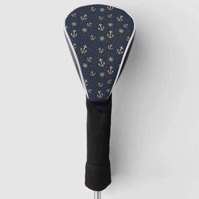 Nautical Gold Anchor & Helm Pattern on Blue Golf Head Cover (Front)