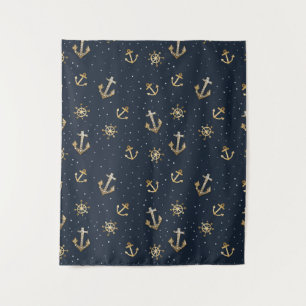 Nautical Gold Anchor & Helm Pattern on Blue Tapestry
