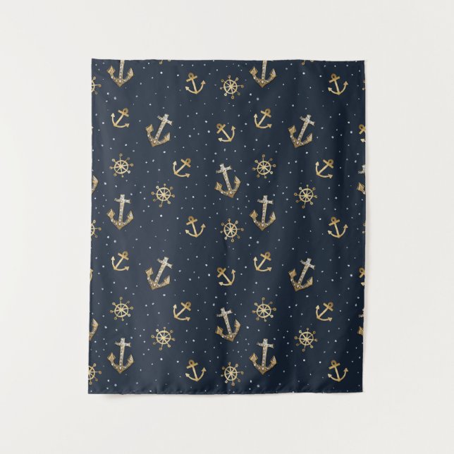 Nautical Gold Anchor & Helm Pattern on Blue Tapestry (Front)
