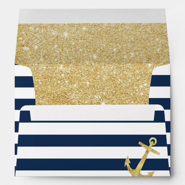 Nautical Gold Anchor Modern Navy Blue Stripes Envelope (Back (Bottom))