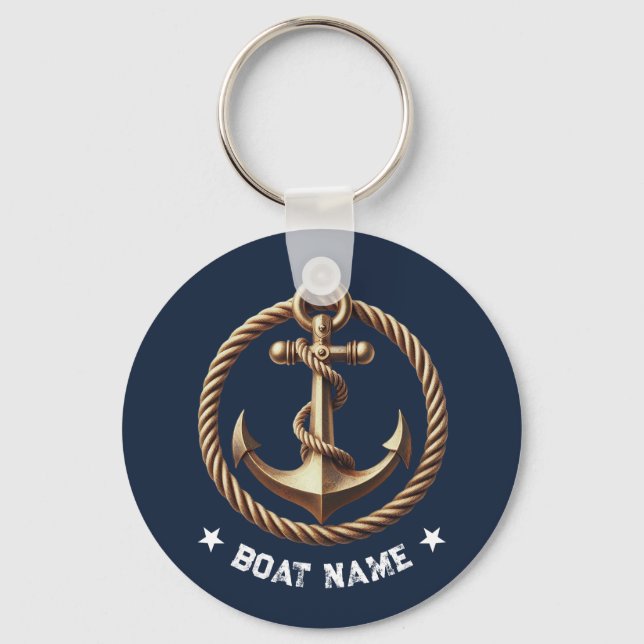 Nautical Gold Anchor Navy Blue Boat Name Keychain (Front)