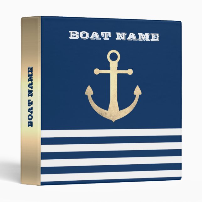 Nautical, Gold Anchor Navy Blue Striped Binder (Front/Spine)