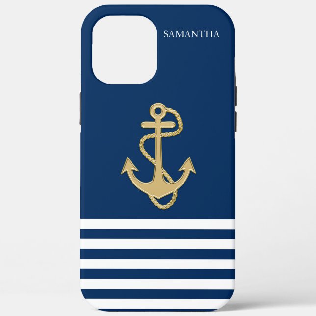Nautical, Gold Anchor  Navy Blue Striped Case-Mate Case-Mate iPhone Case (Back)