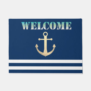 Nautical, Gold Anchor Navy Blue Striped Doormat