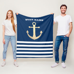 Nautical, Gold Anchor  Navy Blue Striped Fleece Blanket