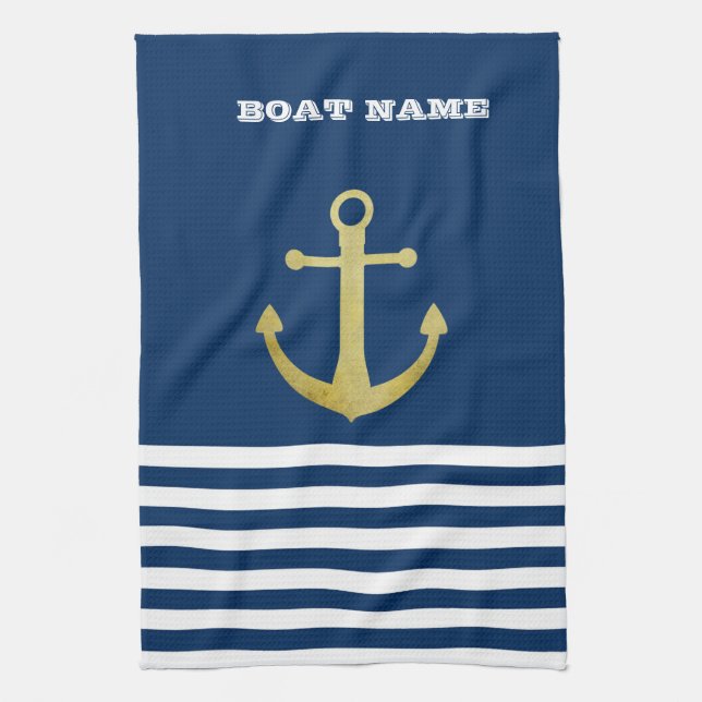 Nautical, Gold Anchor  Navy Blue Striped Kitchen Towel (Vertical)