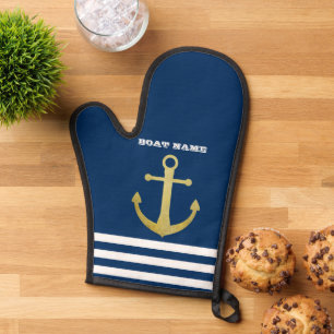 Nautical, Gold Anchor Navy Blue Striped Oven Mitt