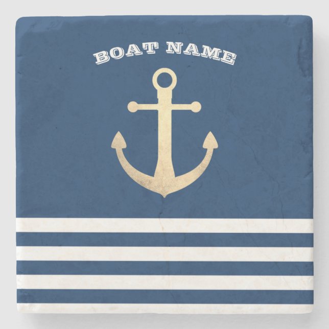 Nautical, Gold Anchor  Navy Blue Striped Stone Coaster (Front)