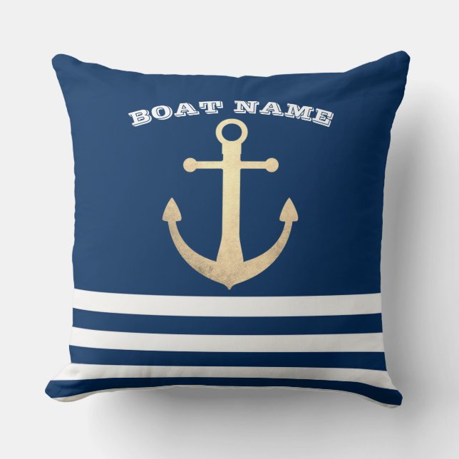 Nautical, Gold Anchor  Navy Blue Striped Throw Pillow (Front)