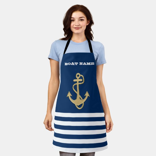 Nautical, Gold Anchor Navy Blue Stripes Apron (Worn)