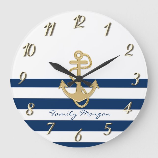Nautical,Gold Anchor Navy Blue Stripes Large Clock (Front)