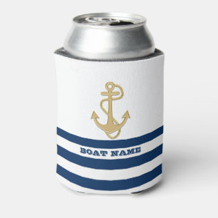 Nautical,Gold Anchor  Navy Blue White Stripes  Can Cooler