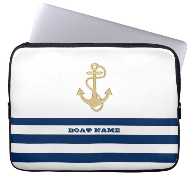 Nautical,Gold Anchor  Navy Blue White Stripes  Laptop Sleeve (Front)