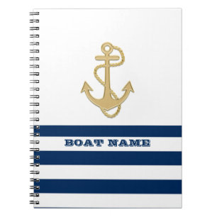 Nautical,Gold Anchor Navy Blue White Stripes Notebook