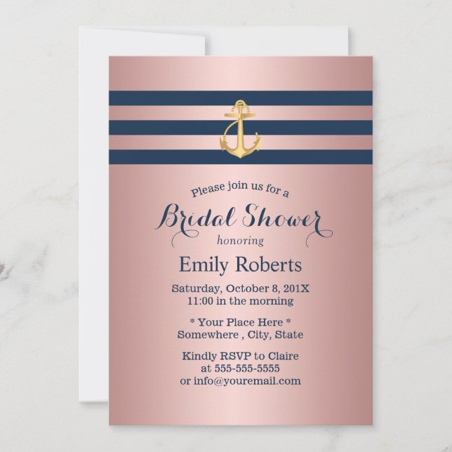 Nautical Gold Anchor Navy Stripes Bridal Shower Invitation (Front)