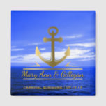 Nautical Gold Anchor Ocean Cruise Wedding Favour Magnet<br><div class="desc">Custom, nautical anchor wedding favour magnet- Faux metallic gold anchor logo is centred with personalized names of couple in gold colour script lettering with a drop shadow. At the bottom is the name of the cruise ship and date. On a beautiful landscape photo background of a deep blue ocean with...</div>