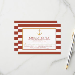 Nautical Gold Anchor, Red Brick & Gold Wedding RSVP Card