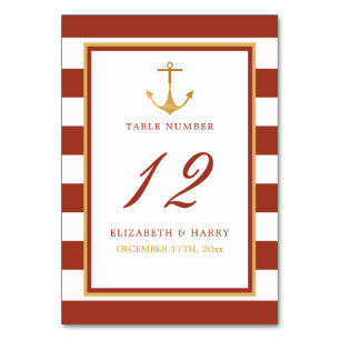 Nautical Gold Anchor, Red Brick & Gold Wedding Table Number