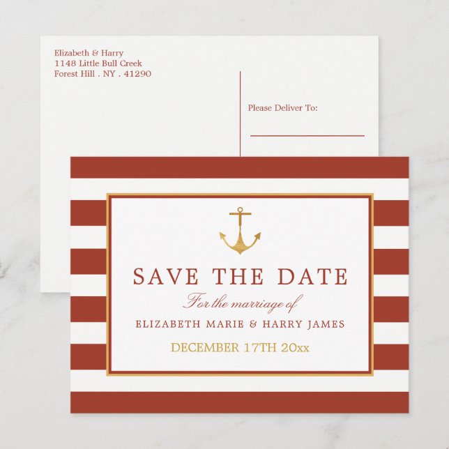 Nautical Gold Anchor, Red Brick Save The Date Announcement Postcard (Front/Back)
