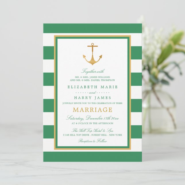 Nautical Gold Anchor, Sea Green & Gold Wedding Invitation (Standing Front)