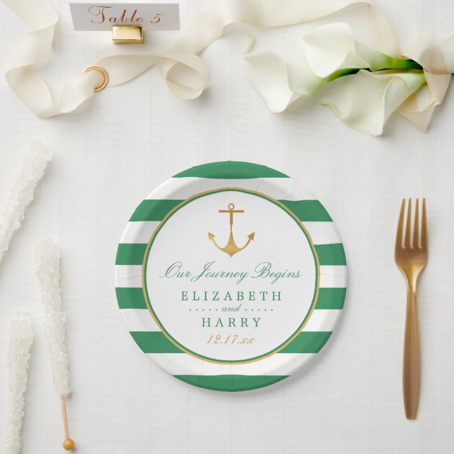 Nautical Gold Anchor, Sea Green & Gold Wedding Paper Plate (Wedding)