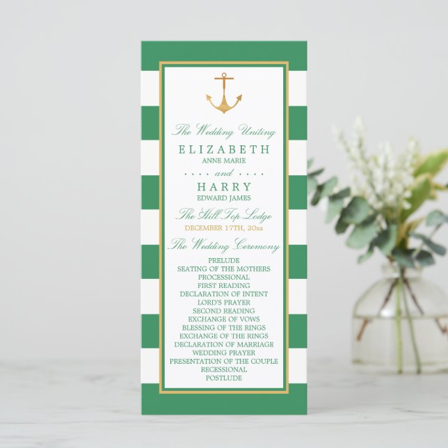 Nautical Gold Anchor, Sea Green & Gold Wedding Program (Standing Front)