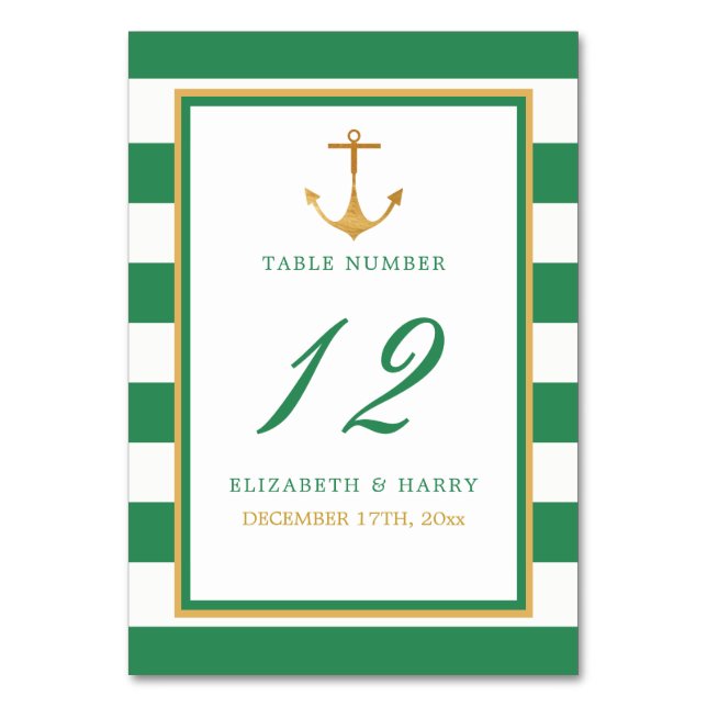 Nautical Gold Anchor, Sea Green & Gold Wedding Table Number (Front)