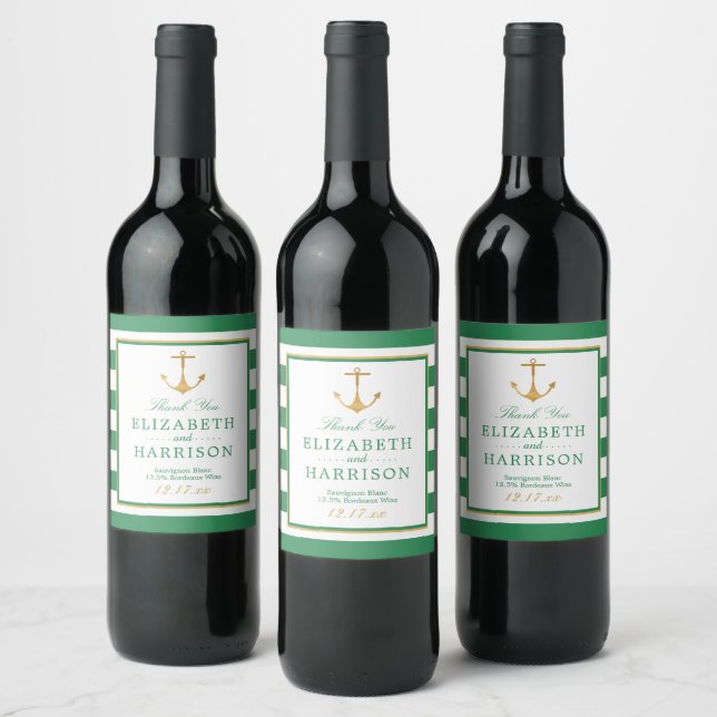 Nautical Gold Anchor, Sea Green & Gold Wedding Wine Label (Bottles)