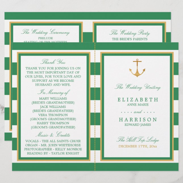 Nautical Gold Anchor, Sea Green Wedding Programme (Front/Back)