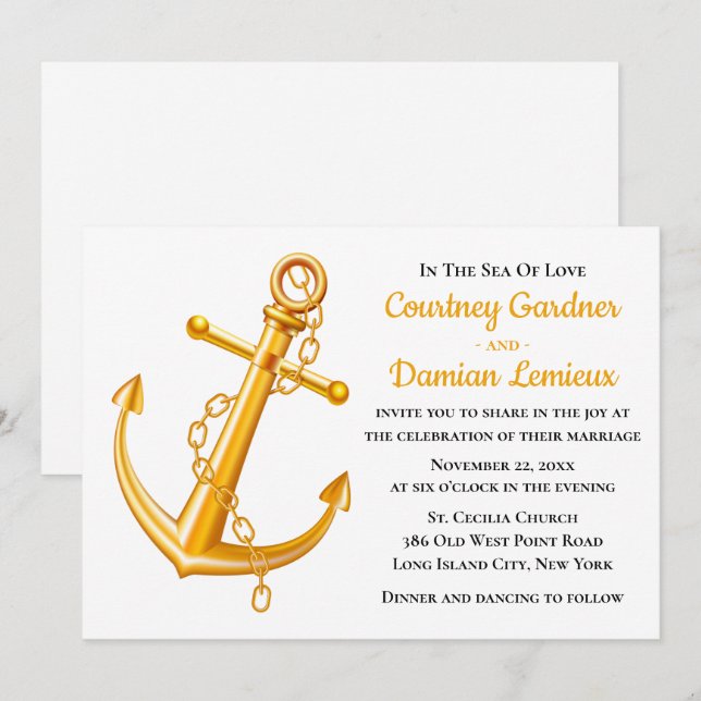 Nautical Gold Anchor Wedding Beach Summer Invitation (Front/Back)