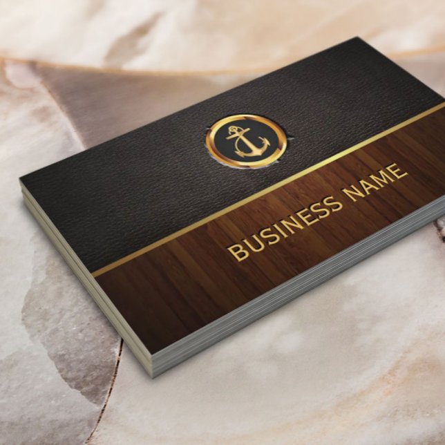 Nautical Gold Anchor Wood & Leather Business Card (Creator Uploaded)