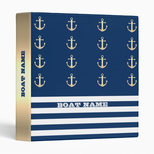 Nautical, Gold Anchors Navy Blue Striped  Binder (Front/Spine)