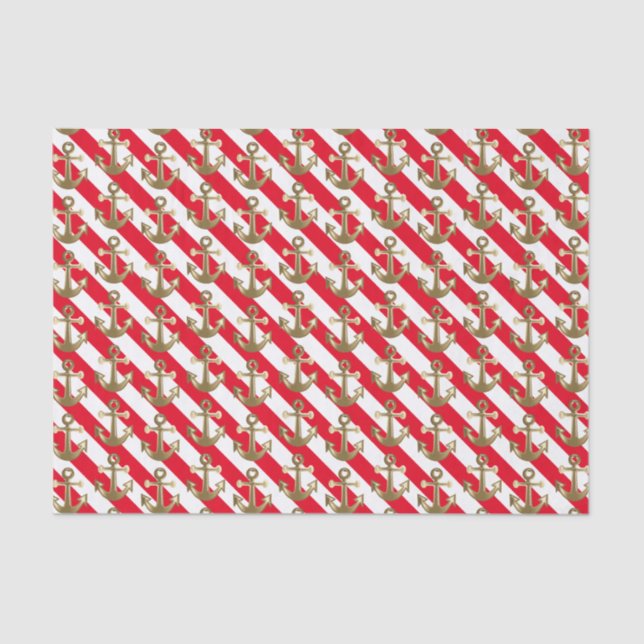 Nautical | Gold Anchors | White Stripes Tissue Paper (Front)