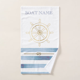 Nautical Gold Boat Wheel,Blue Watercolor Stripes Bath Towel Set