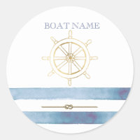 Nautical Gold Boat Wheel,Blue Watercolor Stripes 