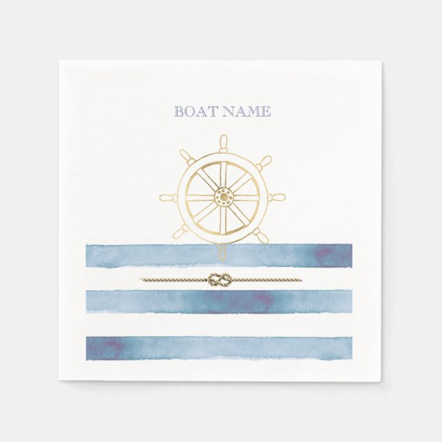 Nautical Gold Boat Wheel,Blue Watercolor Stripes   Napkin (Front)