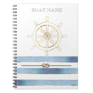 Nautical Gold Boat Wheel,Blue Watercolor Stripes  Notebook