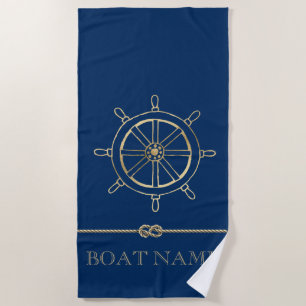 Nautical Gold Boat Wheel,Navy Blue Beach Towel