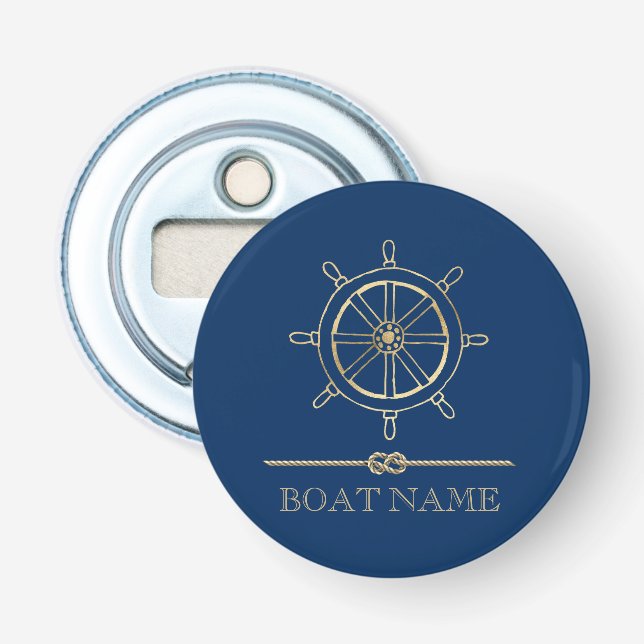 Nautical Gold Boat Wheel,Navy Blue  Bottle Opener (Front)
