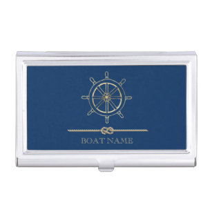 Nautical Gold Boat Wheel,Navy Blue  Business Card Holder