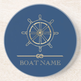 Nautical Gold Boat Wheel,Navy Blue    Coaster