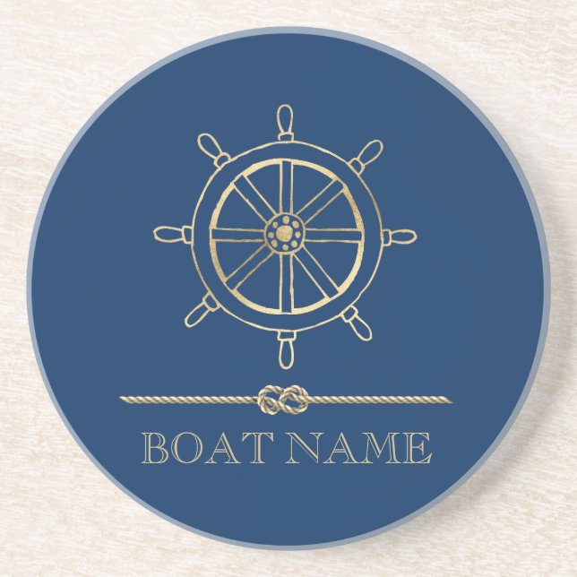 Nautical Gold Boat Wheel,Navy Blue    Coaster (Front)