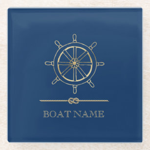 Nautical Gold Boat Wheel,Navy Blue    Glass Coaster