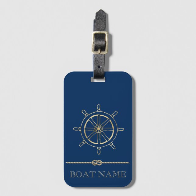 Nautical Gold Boat Wheel,Navy Blue    Luggage Tag (Front Vertical)