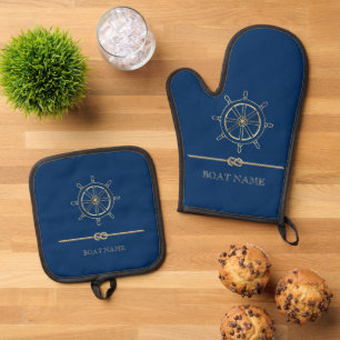 Nautical Gold Boat Wheel,Navy Blue Oven Mitt & Pot Holder Set